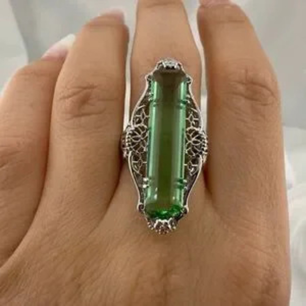 Vintage Green Pendant Silver Filigree Ring